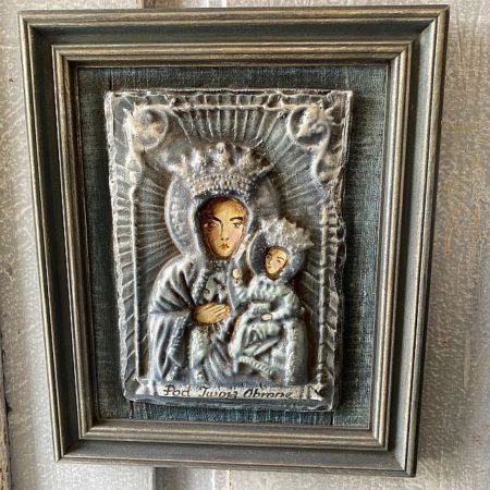 Obraz Matka Boska „Pod Twoją Obronę” niebieski – ręcznie malowany relief w ramie